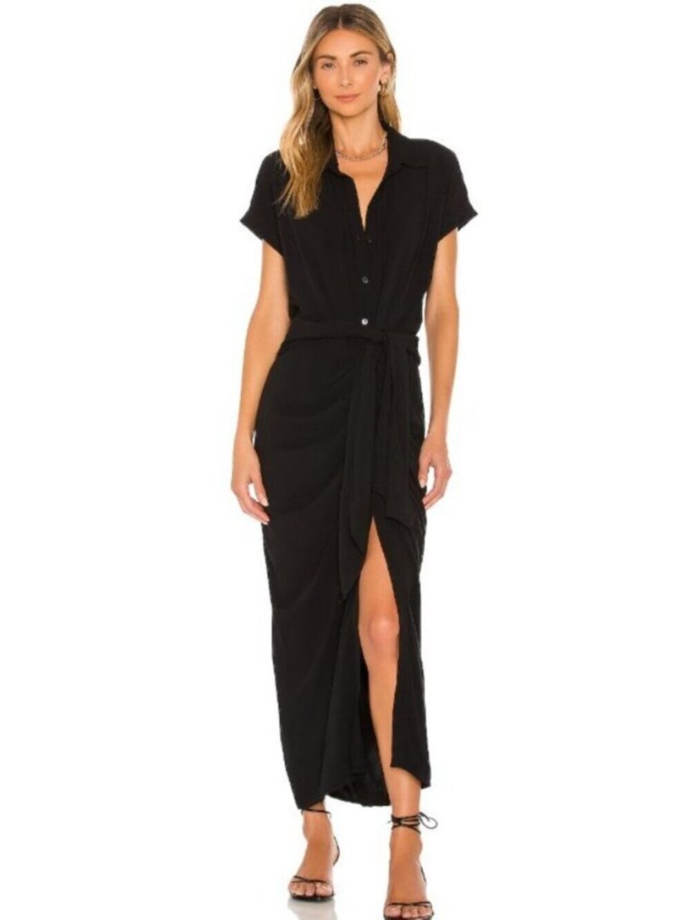 L*SPACE Prism Button Down Ruched Midi Dress in Black Sjze L
